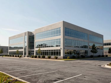 Wide environmental shot of a single-storey suburban office park, glass-and-concrete facade, empty surface parking lot, flat midday light, minimal landscaping