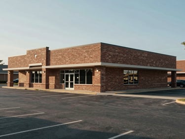 Street-level wide shot of a two-storey suburban retail strip, brick facade, flat daylight, empty parking lot in foreground, no signage visible
