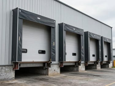 Close-up framing of an industrial warehouse loading dock, corrugated metal cladding, flat overcast daylight, concrete apron, no vehicles or workers visible