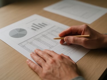 Close-medium shot from above and slightly to the right — a pair of hands resting on a printed financial planning document spread across a clean light-wood desk, a pencil held lightly in one hand, soft natural window light from the left, shallow depth of field with a second document slightly out of focus at the top edge