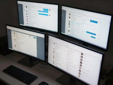 Wide-angle overhead view of a multi-monitor desk setup, screens showing a chatbot admin dashboard with conversation logs and intent-routing diagrams, cool studio lighting, keyboards and trackpad visible at frame edge