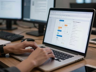 Hands typing on a laptop showing a database schema diagram on screen, cool-toned office light, multiple monitor setup visible in background