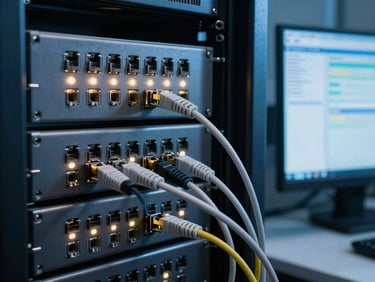 Server rack close-up with blinking status lights and ethernet cables, a monitor in background showing database query logs, cool blue-tinted ambient lighting