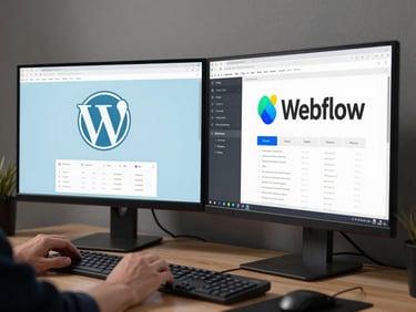 Side-by-side monitor comparison showing WordPress and Webflow admin panels, hands resting on keyboard, cool studio lighting, clean desk environment