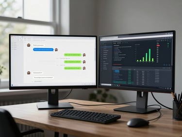 Wide shot of a desk with two monitors displaying a chatbot conversation flow diagram and backend analytics panel, cool daylight from a side window