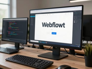 Wide shot of a developer's workstation with a Webflow CMS editor open on a large monitor, code terminal visible on secondary screen, cool daylight from left