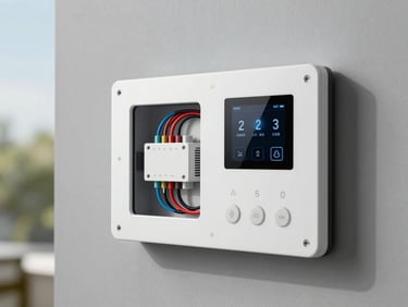 A clean, newly installed white smart home control panel on a gray wall, showing precise wiring and digital interface, bright natural daylight from the side.