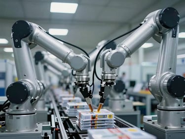 Close-up, high-speed shot of gleaming stainless steel robotic arms precisely handling product packaging on an industrial assembly line, cool bright lighting, sharp focus, 35mm