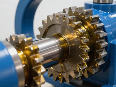 Industrial metallic gears turning inside a clean machine, coated with a thin film of translucent golden hydraulic oil.