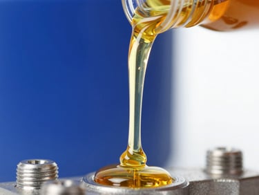 Macro close-up of golden high-viscosity engine oil flowing smoothly over steel components, crisp studio lighting, royal blue background, 35mm