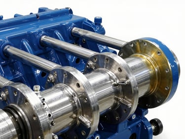 Large marine engine components with polished metal surfaces, lubricated with high-viscosity marine-grade oil, clean laboratory environment.