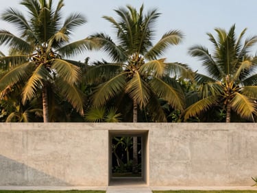 Warm architectural photography of a minimalist concrete facade integrated with lush tropical trees, soft morning sunlight, 35mm