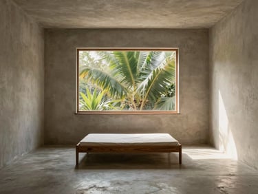 Minimalist studio apartment interior, concrete floor, teak wood bed frame, large window showing green leaves