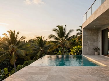 Luxury penthouse terrace with a private plunge pool, surrounded by tropical treetops under golden hour sky