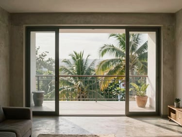 One bedroom apartment living room, open glass doors leading to a balcony, soft morning light