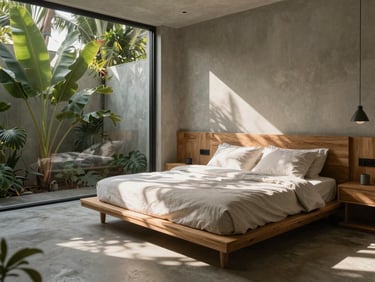Premium one-bedroom apartment bedroom, low platform teak bed, concrete floor, soft linen, morning sun casting leafy shadows, minimalist modern