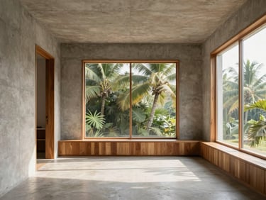 Minimalist studio apartment interior with raw concrete walls, warm teak wood joinery, large windows with filtered daylight, clean editorial style