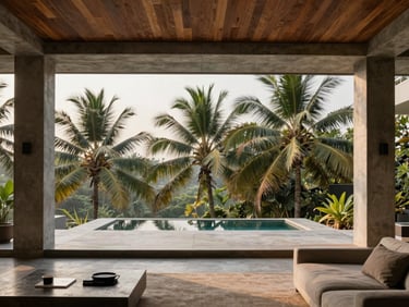 Luxury penthouse living room with double height ceiling, raw concrete columns, teak wood ceiling, panoramic views of North Goa palm canopy