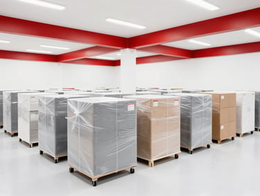 Clean, modern, secure storage facility with rows of neatly stacked, wrapped furniture and boxes under bright, even lighting, wide-angle lens, professional commercial photography style, red and white branding visible