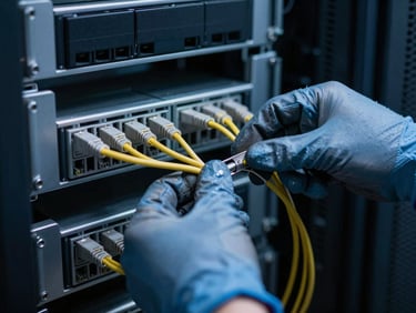 Close-up of a field engineer wearing gloves, meticulously connecting fiber optic cables in a server rack, cool data center lighting, sharp focus on hands and cables, 35mm