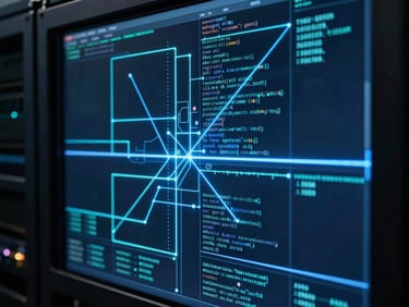 Diagnostic screen showing a complex network topology map with glowing blue lines, low-key data center lighting, sharp focus on the screen, monospaced telemetry data, 35mm