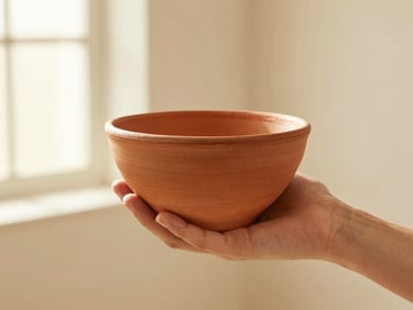 Close-up of hands holding a textured terracotta ceramic bowl, warm editorial lighting, shallow depth of field, cream background