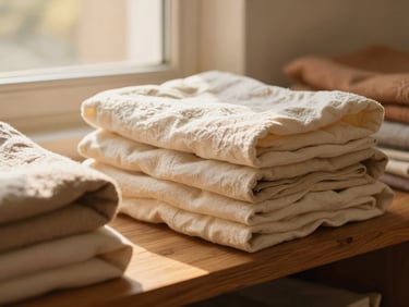Folded linen garments in soft cream and beige tones on a wooden shelf, warm golden-hour window light, editorial composition