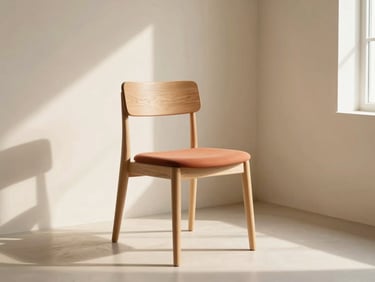 A minimalist oak chair in a bright room with terracotta accents, soft natural shadows, high-end interior photography