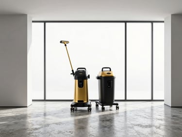 Pristine modern minimalist interior with polished concrete floor reflecting bright window light, professional cleaning equipment placed on a clean surface