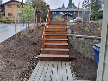 Land-shaping, ,stairs, railing, retaining wall, planting rees, and ground cover.