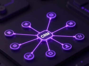 Abstract 3D nodes connecting CRM interface elements on a dark screen, glowing purple data flow lines, isometric diagram, shallow depth of field, moody tech photography.
