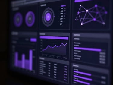 Dark screen displaying data visualizations and charts with purple highlights, abstract network connections in the background, moody tech photography, clean interface details.