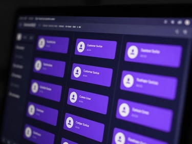Close-up of a dark screen showing a customer service dashboard with glowing purple AI chat bubbles, clean interface details, structured grid lines, moody tech photography.
