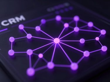Abstract 3D nodes forming a CRM dashboard, glowing purple lines connecting data points, dark background, shallow depth of field