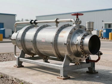 Close-up of a skid-mounted modular extraction unit on a concrete pad, stainless steel pipework and valves under flat daylight, industrial site visible in background
