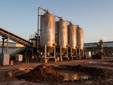 Wide shot of industrial residue processing tanks and conveyor infrastructure on a mine site, amber process lighting catching mineral slurry in a trough, daylight background