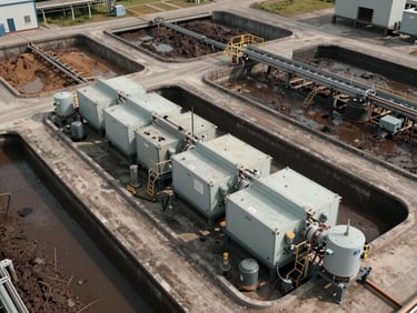 Overhead view of a lined residue containment cell with modular treatment equipment alongside, pollution control infrastructure, muted daylight on industrial site