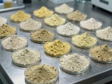 Wide shot of rare earth element concentrate samples—small labeled dishes of oxide powders in muted yellows and off-whites—arranged on a stainless steel lab bench under directional studio lighting, framed from slightly above with the samples occupying the left two-thirds of the frame
