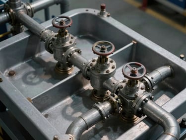 Close-up overhead view of a modular process unit with labeled valve manifolds and containment trays, steel-gray industrial finish, studio-grade directional lighting casting precise shadows across pipe fittings, no people