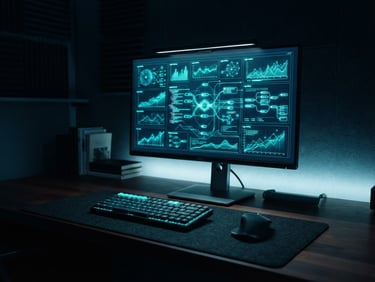 Sleek tech photography of a minimalist workspace with cool low-key lighting, a glowing screen showing abstract logic metrics, deep navy and neon teal tones, sharp focus, 35mm.