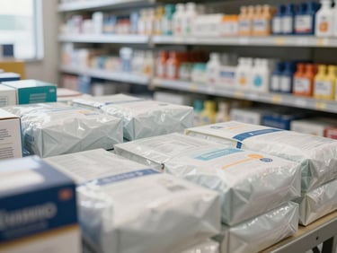 Close-up of organized consumer goods and packaged retail stock being inspected, bright natural light, realistic documentary style
