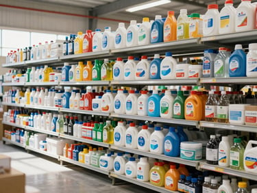 Structured stacks of household essentials and commodities in a clean warehouse, bright daylight, realistic documentary style