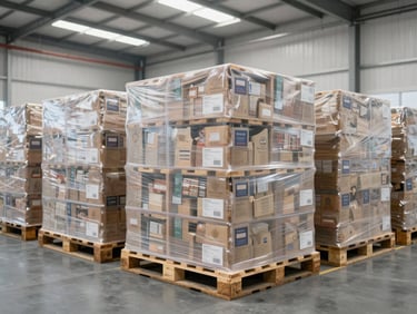 Pallets of high-demand goods ready for shipment in a modern distribution center, clean crisp industrial lighting, realistic documentary style