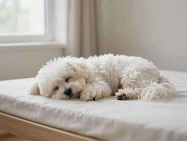 A fluffy white Japanese Spitz curled up sleeping soundly on an EverCloud Bed, in a minimalist bedroom with soft window light.