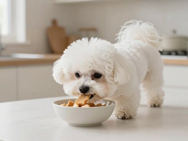 A fluffy white Japanese Spitz happily eating an EverBite treat from a minimalist bowl, bright and clean kitchen setting, warm light.