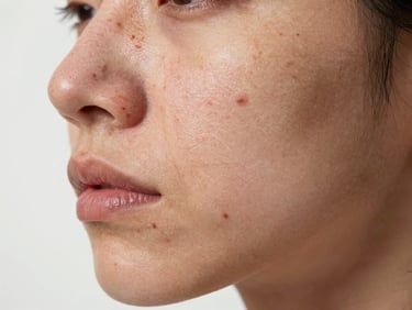Extreme macro close-up of acne-scarred cheek skin under neutral studio strobe, pore texture and post-inflammatory hyperpigmentation visible with clinical clarity, white seamless background