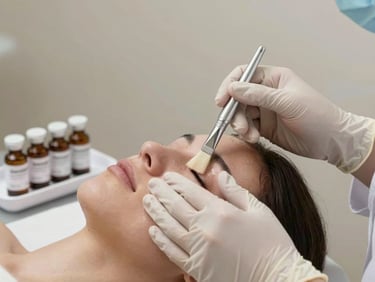 Close-up of dermatologist hands in nitrile gloves applying chemical peel solution to skin with a clinical brush, small labeled solution vials on tray beside, neutral studio lighting