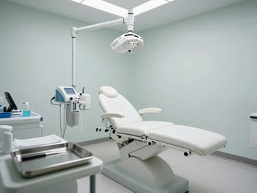 Wide shot of a clean clinical dermatology treatment room, equipment visible on a stainless tray in the foreground left, white examination chair centered, cool-white overhead lighting, uncluttered surfaces, no people present