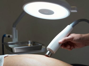 Clinical laser handpiece positioned above skin surface in a treatment room, cool-white overhead light, stainless equipment tray in background, no patient face visible