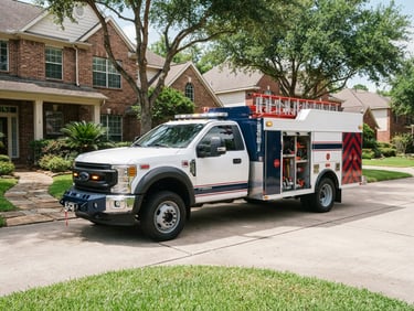 A clean Pipe Rescue service truck parked in a sunny Houston residential driveway, sharp editorial photography, 35mm lens